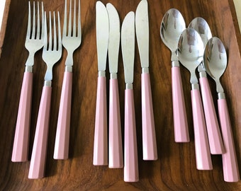 Vintage Dusty Pink Mauve Plastic Faceted Flatware Silverware Stainless Steel Utensils - Set of 11