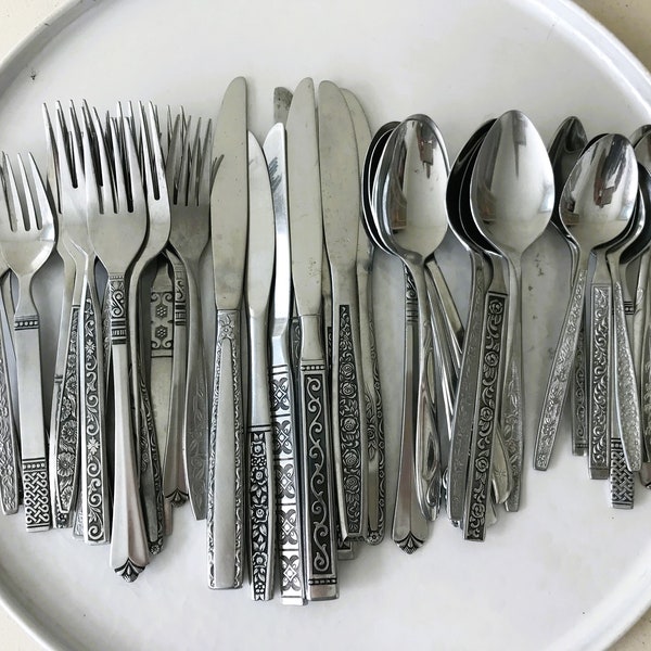 Vintage MCM Midcentury Mixed Mix-n-Match Stainless Steel Flatware Silverware Utensil Set of 40 - Service for 8 - Forks + Knives + Spoons