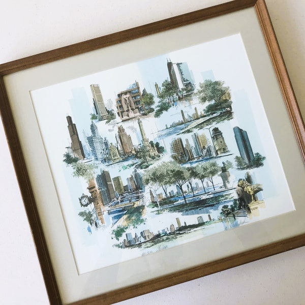 Vintage Framed Signed Hand-Colored Lithograph 54/300 - Original Art Chicago Iconic Buildings Architecture Montage by Al Hollenbeck 1977