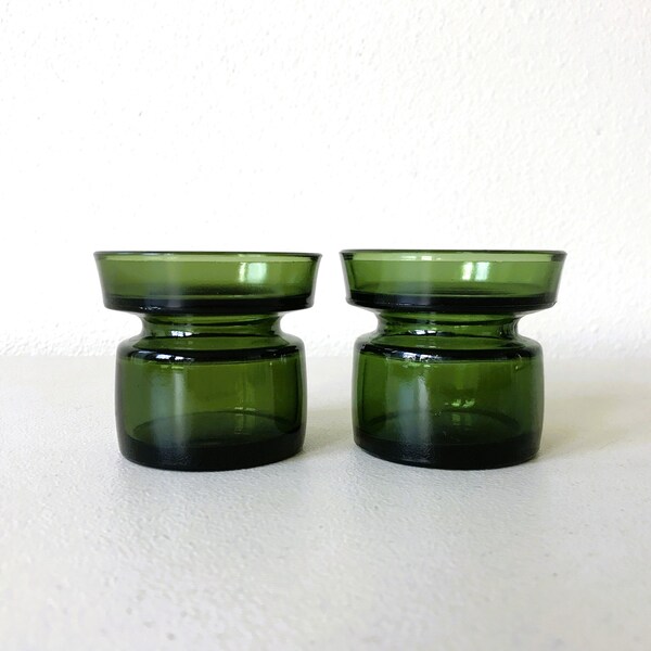 Vintage Dansk Designs Denmark Deep Green Glass Votive Candle Holders Candlesticks - Set of 2