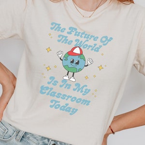 Retro leraarsshirt cadeau voor leraar Vintage cartoon grafisch T-shirt voor opvoeders The Future of The World Is In My Classroom Bubbelbelettering