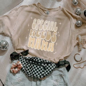 Necesidades especiales mamá camisa para mamá con necesidades especiales estilo niño vintage retro burbuja carta camiseta neutral moda parálisis cerebral camisa para padres
