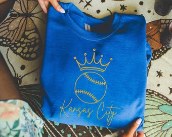 KC Baseball Sweatshirt-KC Crown Baseball Shirt-Fan Gear for Kansas City Baseball-Apparel for Fans-Gameday Sweatshirt-Baseball Season Tee