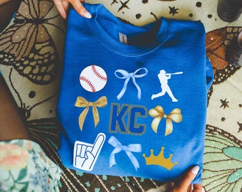 KC Coquette Baseball Sweatshirt-KC Baseball Shirt-Fan Gear for Kansas City Baseball-Apparel for Fans-Gameday Sweatshirt-Baseball Season Tee