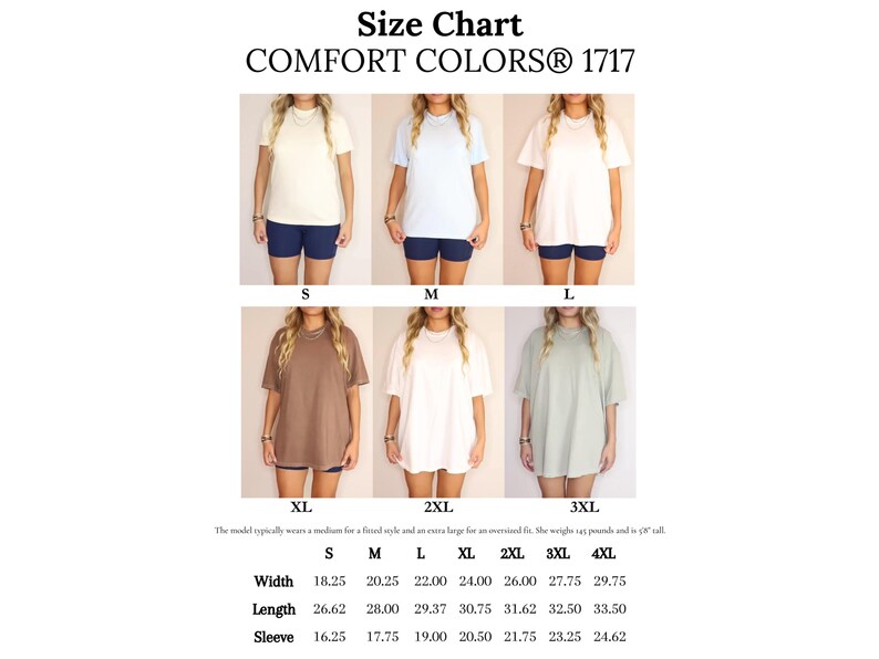 May include: Size chart for Comfort Colors 1717 t-shirts. The image shows models wearing various sizes of t-shirts in different colours. Measurements are provided in cm for width, length, and sleeve length for sizes S through 4XL.