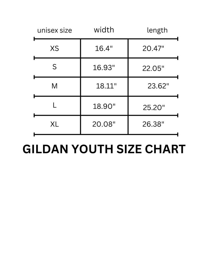 Op de afbeelding: Een maattabel voor Gildan jeugd kleding, met unisex maten, breedte en lengte in inches.