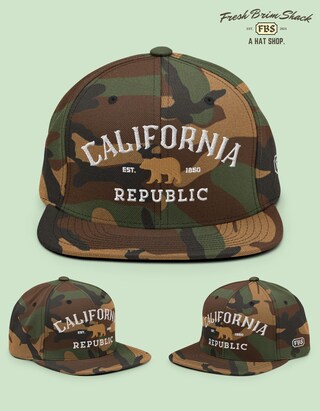 Cappello Snapback Unisex Berretto Da Baseball Con Ricamo Orso California Republic: Lana E Acrilico, Tesa Piatta 7.2 Cm, Taglia Unica Regolabile 55-60 Cm
