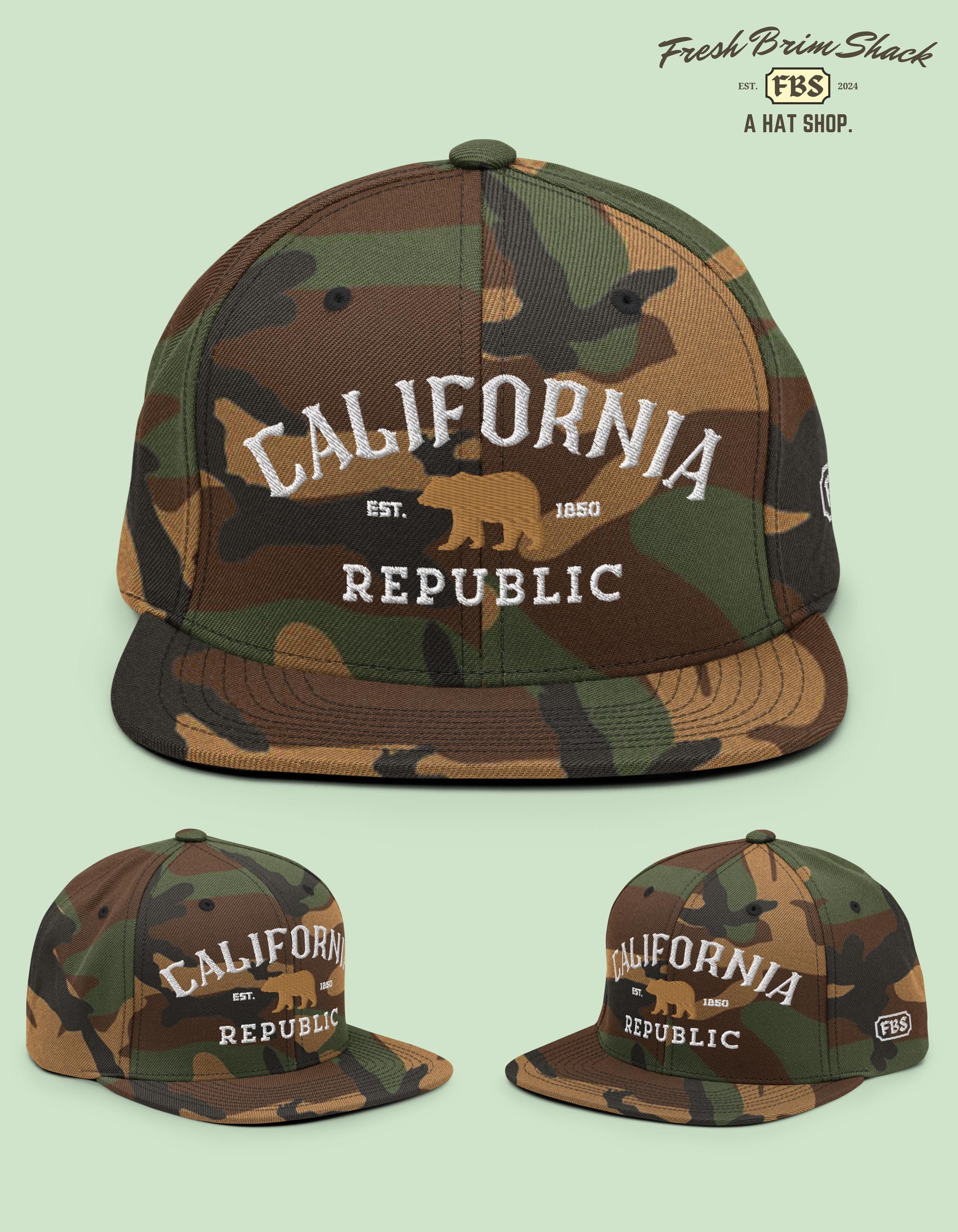 Cappello Snapback Unisex Berretto Da Baseball Con Ricamo Orso California Republic: Lana E Acrilico, Tesa Piatta 7.2 Cm, Taglia Unica Regolabile 55-60 Cm