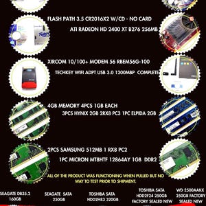 May include: Assorted computer parts, including RAM, hard drives, and a modem, are displayed against a black background. Text labels identify each component, such as "SEAGATE SATA 250GB" and "4GB MEMORY 4PCS 1GB EACH". The image includes a variety of computer hardware.