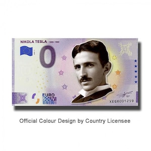 Op de afbeelding: Een paarse en witte souvenirbankbiljet met een portret van Nikola Tesla, met de tekst "NIKOLA TESLA 1856-1943" en "EURO SOUV ENIR" gedrukt op het biljet. Het biljet heeft ook een serienummer "XEGX001259".