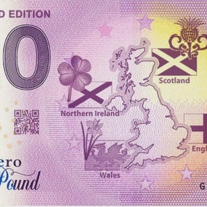 May include: A zero-pound souvenir banknote with a Union Jack flag, the number 0, and the text "1st Limited Edition." Features include flags and symbols representing England, Scotland, Wales, and Northern Ireland.