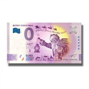 May include: A purple and white commemorative 10 Euro banknote featuring an illustration of Santa Claus. The note includes the text "Merry Christmas" and "Wishing You a Healthy 2021".