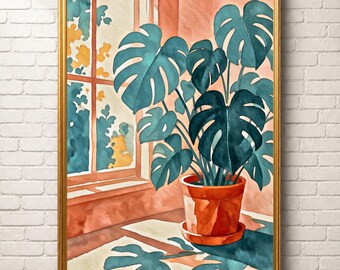 Monstera Plant Wall Art Print | Teal Leaves, Terracotta Planter (Digital Download)