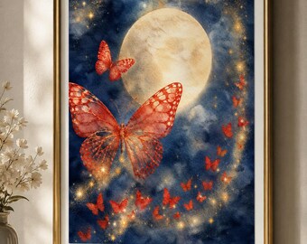 Butterfly Moon Wall Art | Whimsical Botanical Celestial Decor (Digital Download)