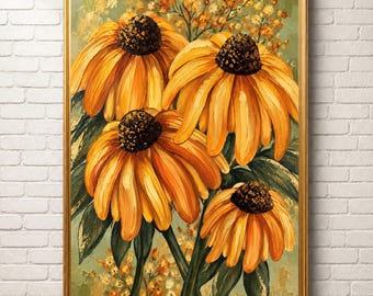 Golden Black-Eyed Susan Floral Painting | Modern Boho Wall Art (Digital Download)