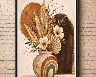 Boho Floral Vase Print | Chocolate Brown Botanical Art (Digital Download)