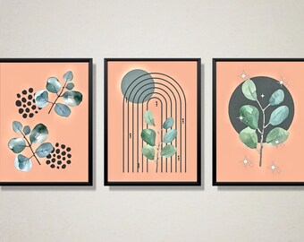 Boho Watercolor Leaf Prints: Sage Green Terracotta Set (Digital Download)