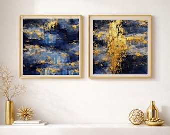 Blue and Gold Abstract Art Prints: Textured Square Decor (Set of 2, Digital Download)