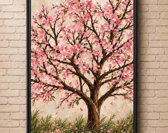 Pink Blossom Tree Wall Art | Impasto Floral Print (Digital Download)