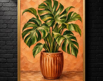 Monstera Wall Art Printable | Terracotta Botanical Print | Textured Tropical Plant Art | Boho Garden Room Decor