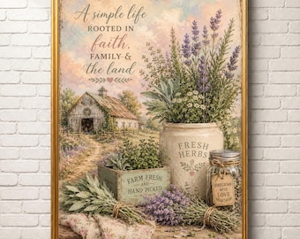 Farmhouse Wall Art | Faith, Family, Lavender Herbs (Digital Download)
