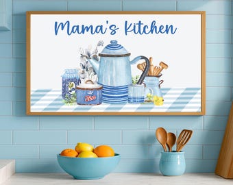 Lámina artística "La cocina de mamá", tetera, decoración azul (descarga digital)