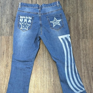 Women&#39;s Denim Jeans, 28&quot; Waist, 31&quot; Inseam, Bootcut, Flare. 4th of July, bleached with Stars, American Flag, Born in the USA & Star pockets.