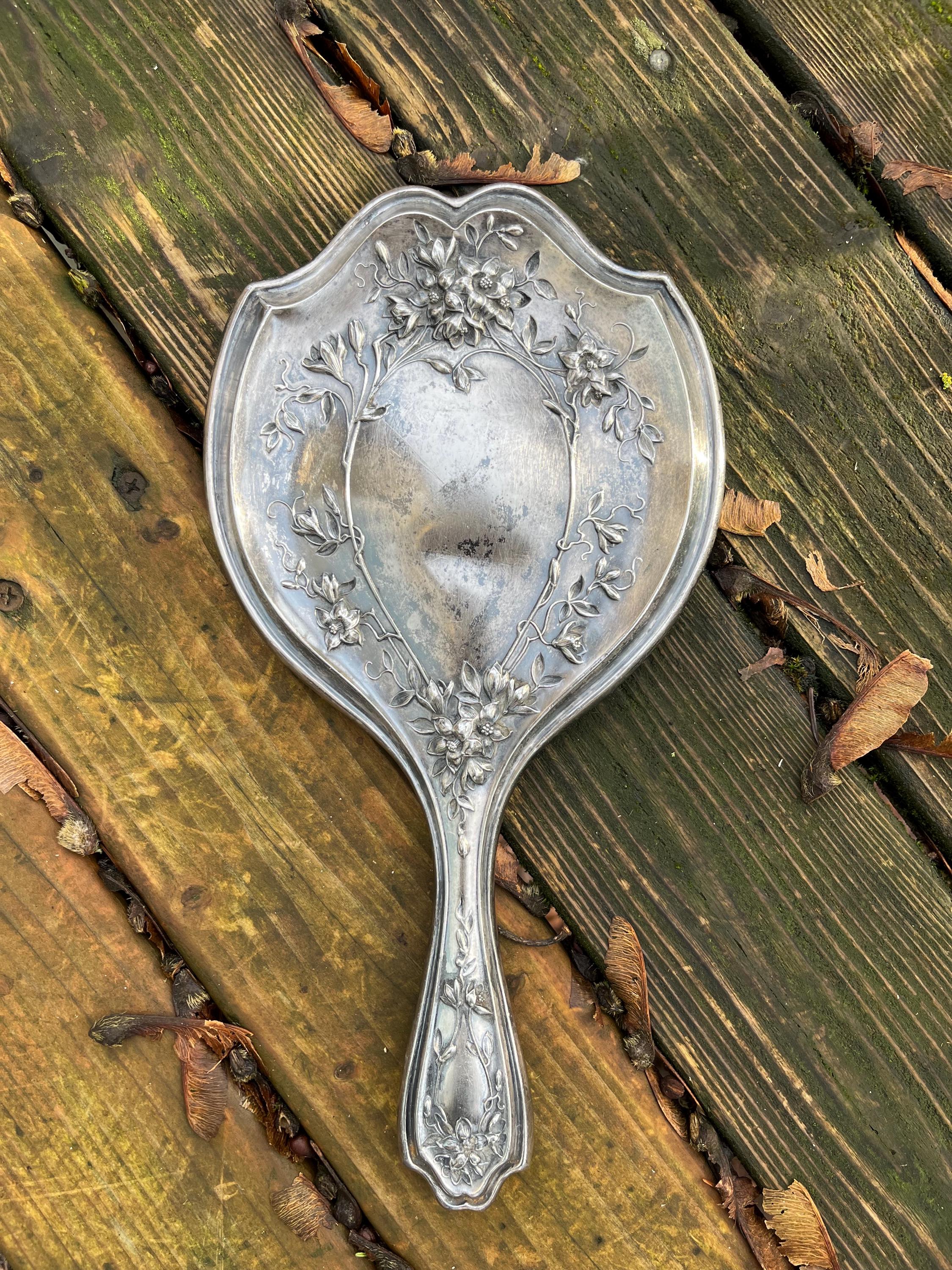 Antique Silver Plated Handheld Mirror