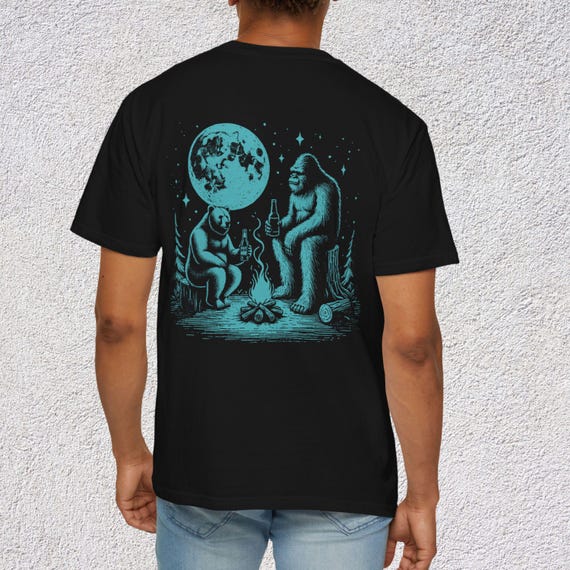 Bigfoot Campfire T-Shirt, Sasquatch Under Moonlight Tee, Funny Camping Gift, Outdoor Adventure Shirt, Whimsical Graphic Tee