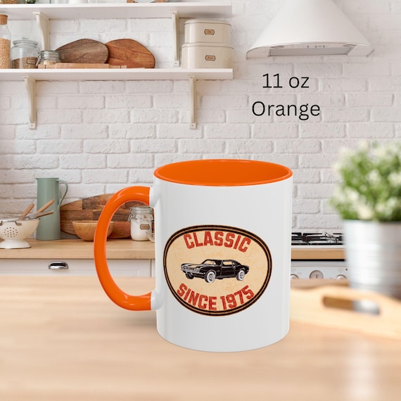 Personalized Accent mug Classic Car Badge Style Design for 1975 Birthday, Vintage Car Collector Gift, Classic Car Enthusiast Retro Car Lover