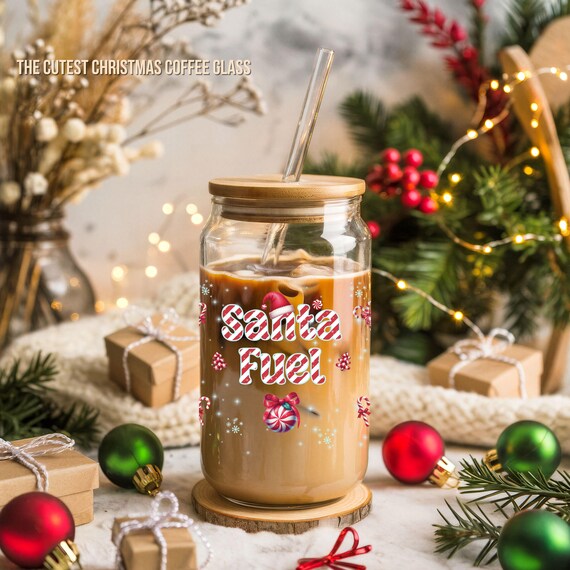 Santa Fuel Glass Can Cup: Christmas Iced Coffee Sipper (16oz)