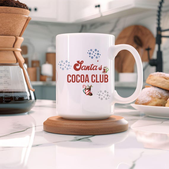 Santa's Cocoa Club Mug: Vintage Christmas Coffee Cup, Holiday Kitchen Decor