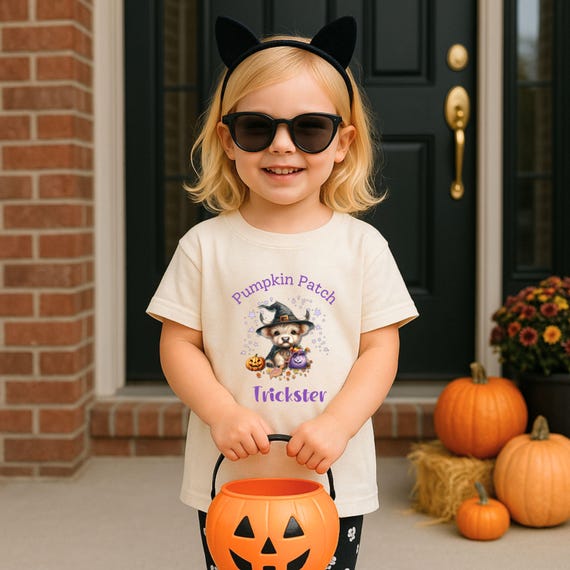 Pumpkin Patch Trickster Shirt | Toddler & Youth Halloween T-Shirt | Cute Highland Cow Witch Costume Tee for Kids | Fall Pumpkin Patch Outfit