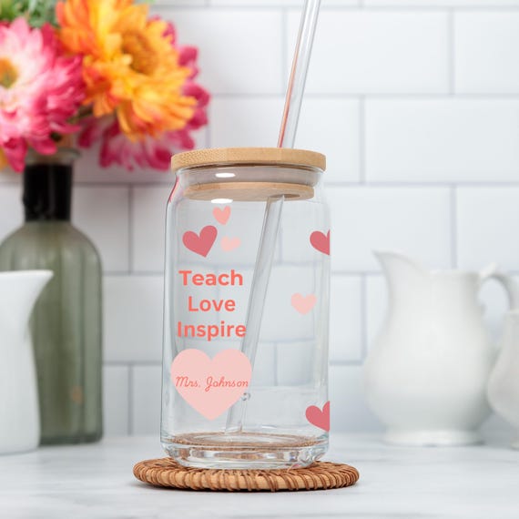 Personalized Teach Love Inspire Sipper Glass - Custom Teacher Gift, 16 oz Tumbler