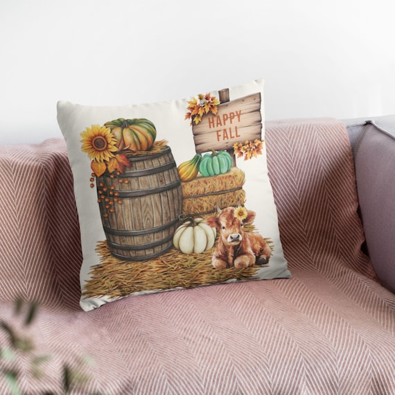 Highland Cow Fall Pillow: Farmhouse Autumn Decor, Gingham Back Option