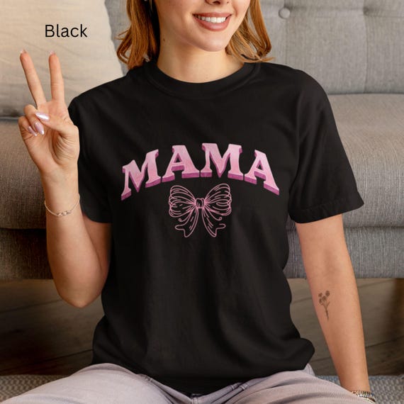 Mama Comfort Colors T-Shirt with Sketch style Pink Bow  Aesthetic Mom T-Shirt, Cute Mother's Day Gift, Coquette Mama Tee, Trendy Mom Life