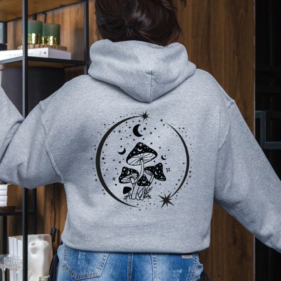 Mystical Mushroom Gildan Hoodie, Cozy Sweatshirt for Nature Lovers, Starry Night Apparel, Perfect for Autumn, Festival Wear, Gift Idea