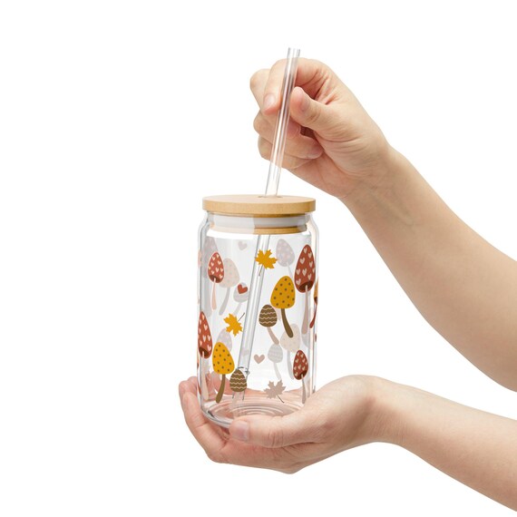 Mushroom-Themed Coffee Glass, Boho style Eco-Friendly Drinkware , Perfect Gift for her/him  Cute Glass tumbler with lid/straw 16oz, Birthday