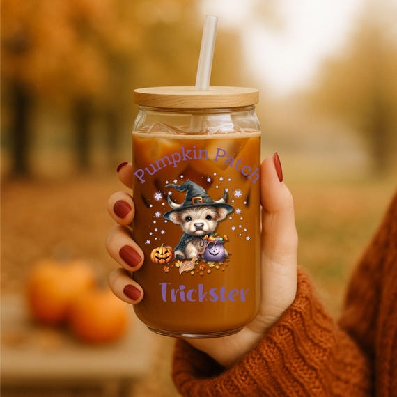 Pumpkin Patch Trickster Glass Cup | 16oz Iced Coffee Sipper Glass with Bamboo Lid & Straw | Fall Halloween Highland Cow Witch Tumbler