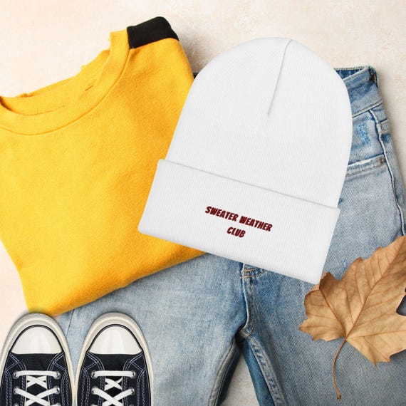 Sweater Weather Club Embroidered Beanie: Cozy Cuffed Knit Winter Hat