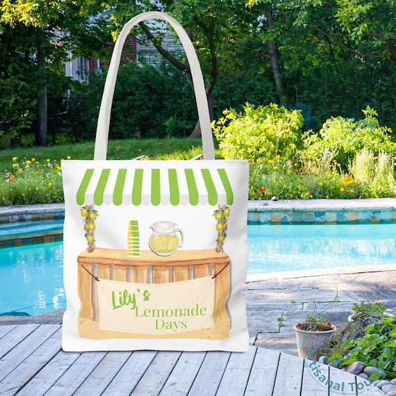 Lemonade Stand Tote Bag -  Personalized Summer Tote -  Custom Name Lemonade Bag -  Cute Lemon Theme AOP Tote -   Lilys  Lemonade Days