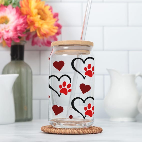 Paw print Lover Sipper Glass, 16oz Water Bottle with Heart & Paw Print Design, Ideal Gift for Animal Lovers, Perfect for Birthdays,