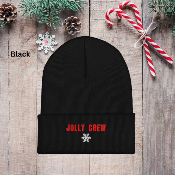 Embroidered Christmas Beanie: Jolly Crew Knit Cuffed Hat
