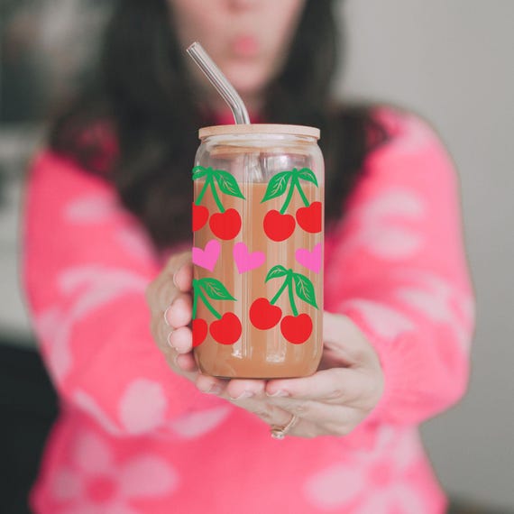 Cherry Love Sipper Glass - Cute 16oz Beverage Jar with Straw - Perfect for Summer Parties, Picnics, Gifts, Home Decor, Kitchen