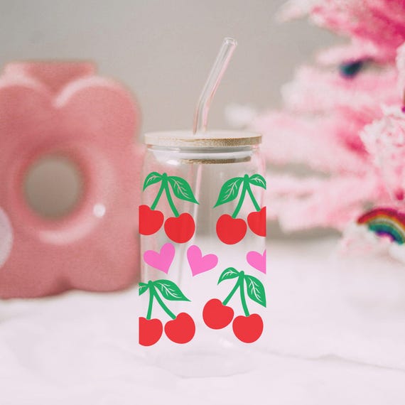 Cherry Love Sipper Glass - Cute 16oz Beverage Jar with Straw - Perfect for Summer Parties, Picnics, Gifts, Home Decor, Kitchen