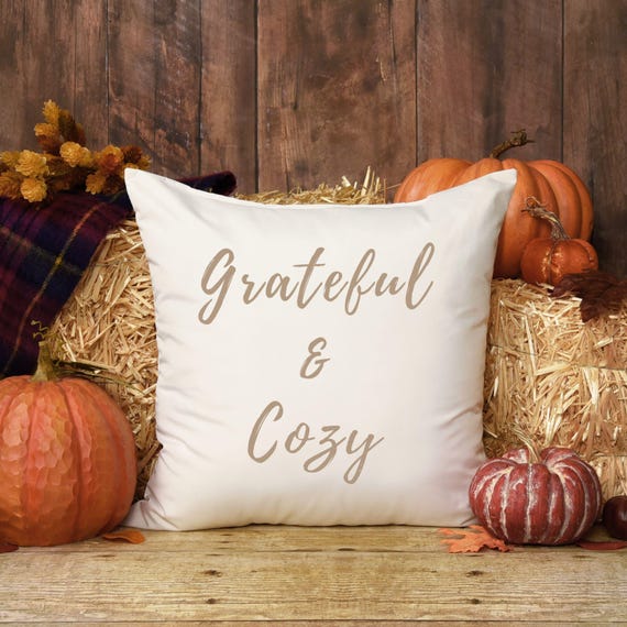 Grateful & Cozy Throw Pillow: Fall Farmhouse Accent Cushion