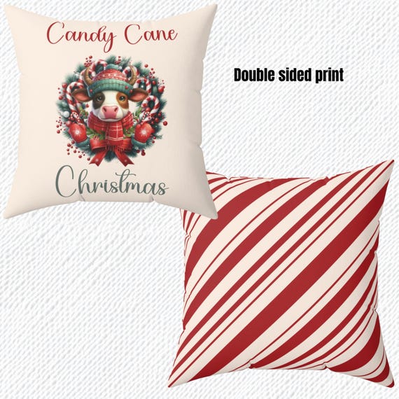 Candy Cane Christmas Pillow: Double-Sided Cow Wreath Holiday Cushion