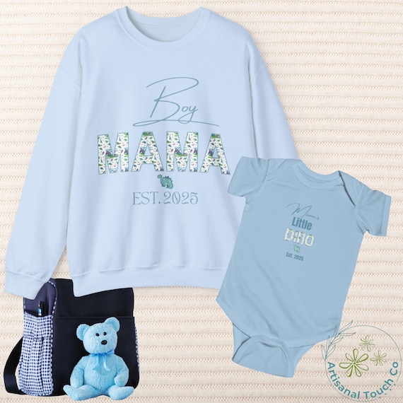 Boy Mama EST. 2025 Sweatshirt and Onesie – Mom and Baby Matching Set – Pregnancy Reveal – First Time Mom Gift – Baby Shower Outfit Bundle