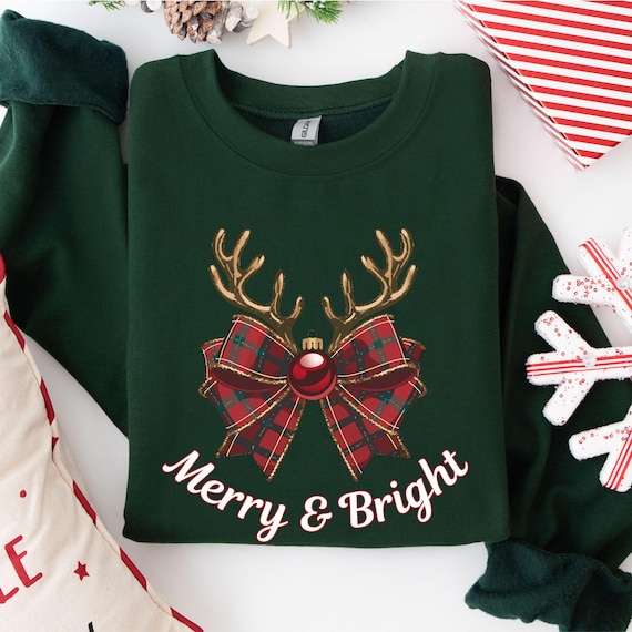 Plaid Bow Reindeer Antler Christmas Sweatshirt: Merry & Bright Holiday Crewneck