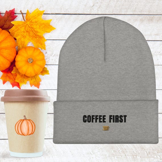 Embroidered Coffee First Beanie: Gray Knit Cuffed Winter Hat
